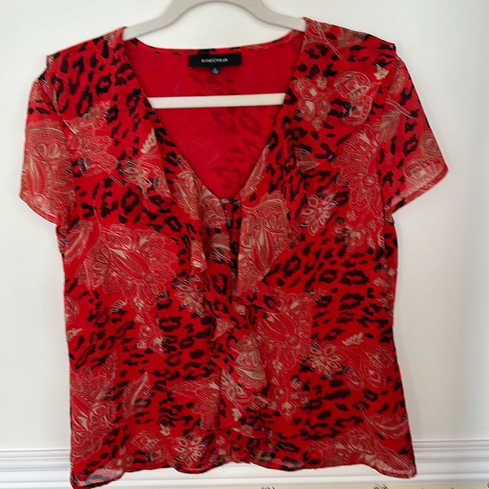 Jones Wear Blouse 12 Animal Print Ruffled Button Up Short Sleeve Sheer Lined Red